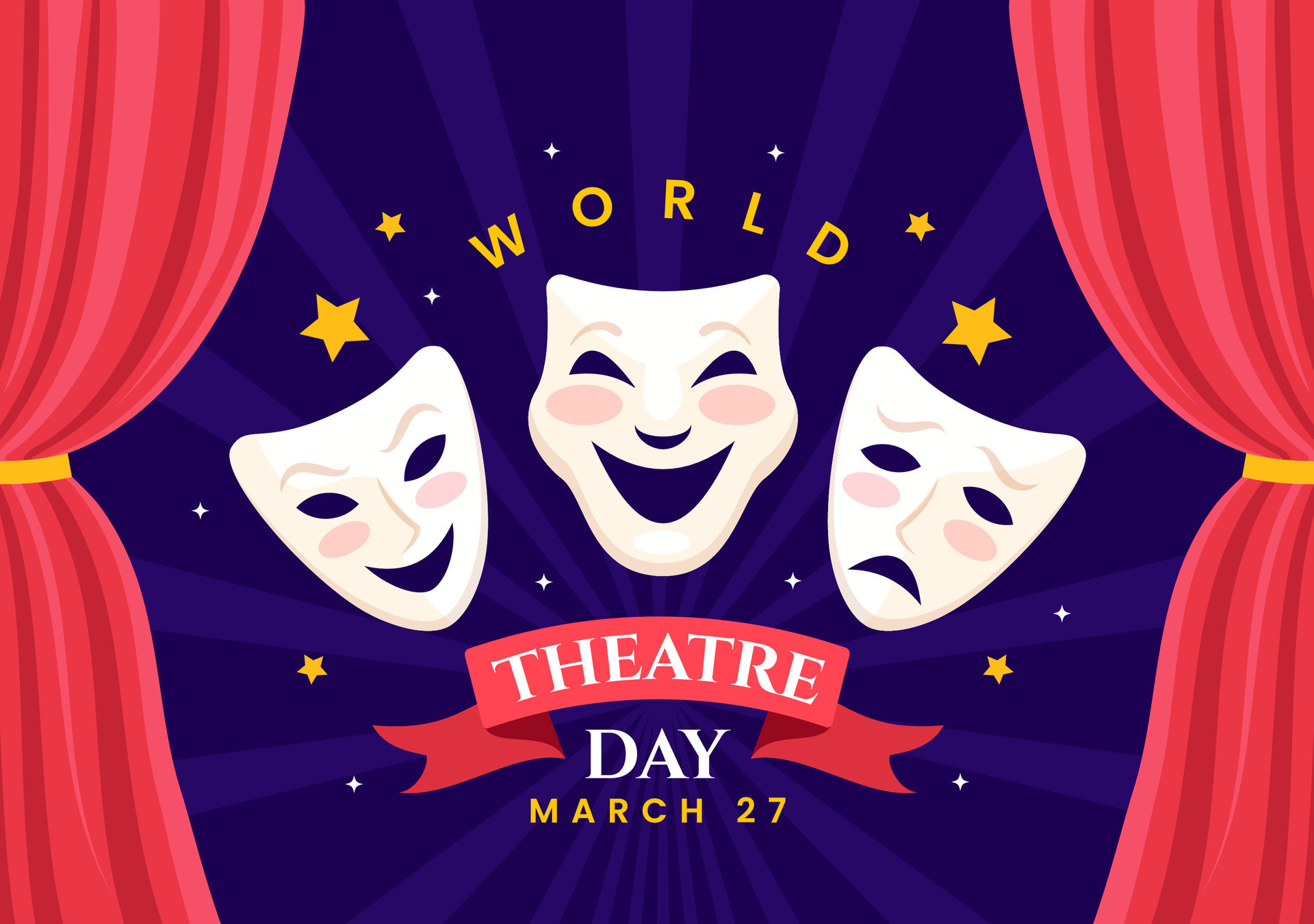 World Theatre Day Vector Illustration on March 27 with Mask and Red
