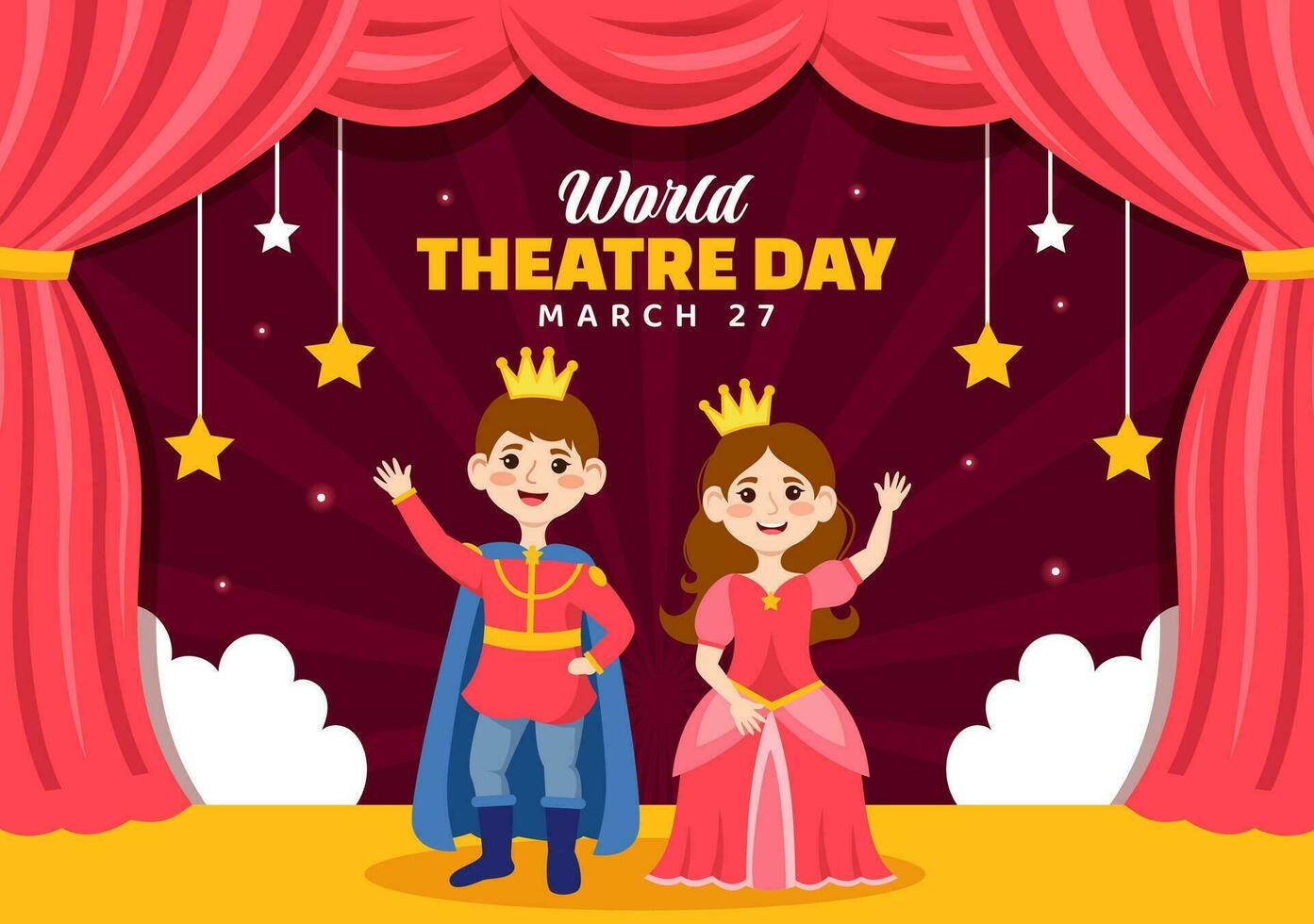 World Theatre Day Vector Illustration on March 27 with Mask and Red Curtains to Preserve Performing Arts and Entertainment in Flat Cartoon Background