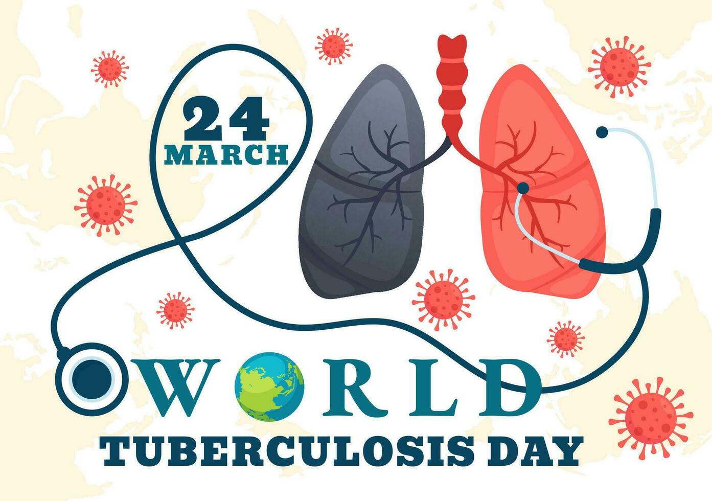 World Tuberculosis Day Vector Illustration on March 24 with Lungs and Bacteria to TB Awareness and Medical in Healthcare Flat Cartoon Background