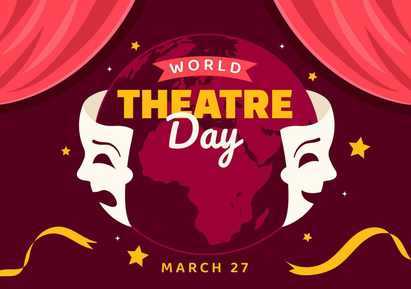 World Theatre Day Vector Illustration on March 27 with Mask and Red Curtains to Preserve Performing Arts and Entertainment in Flat Cartoon Background