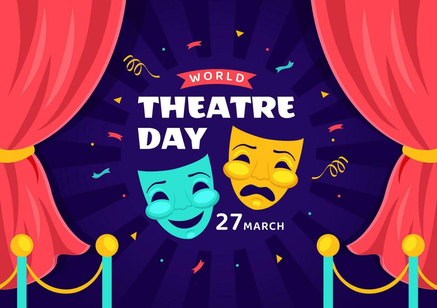 World Theatre Day Vector Illustration on March 27 with Mask and Red Curtains to Preserve Performing Arts and Entertainment in Flat Cartoon Background
