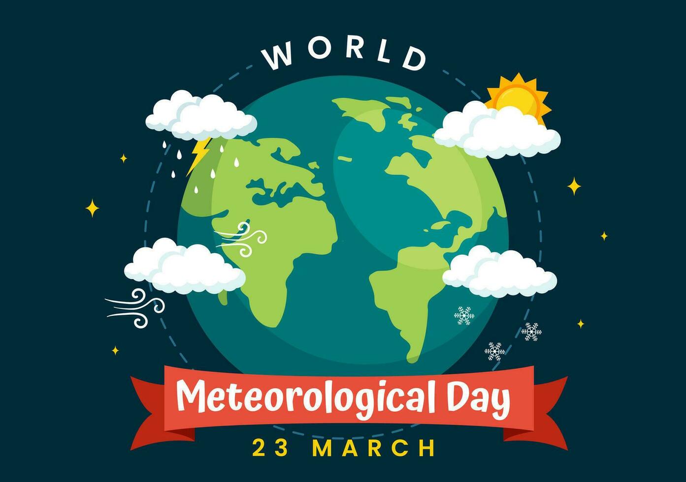mundo meteorológico día vector ilustración en 23 marzo con tierra mapa, meteorología Ciencias y investigando clima en plano dibujos animados antecedentes