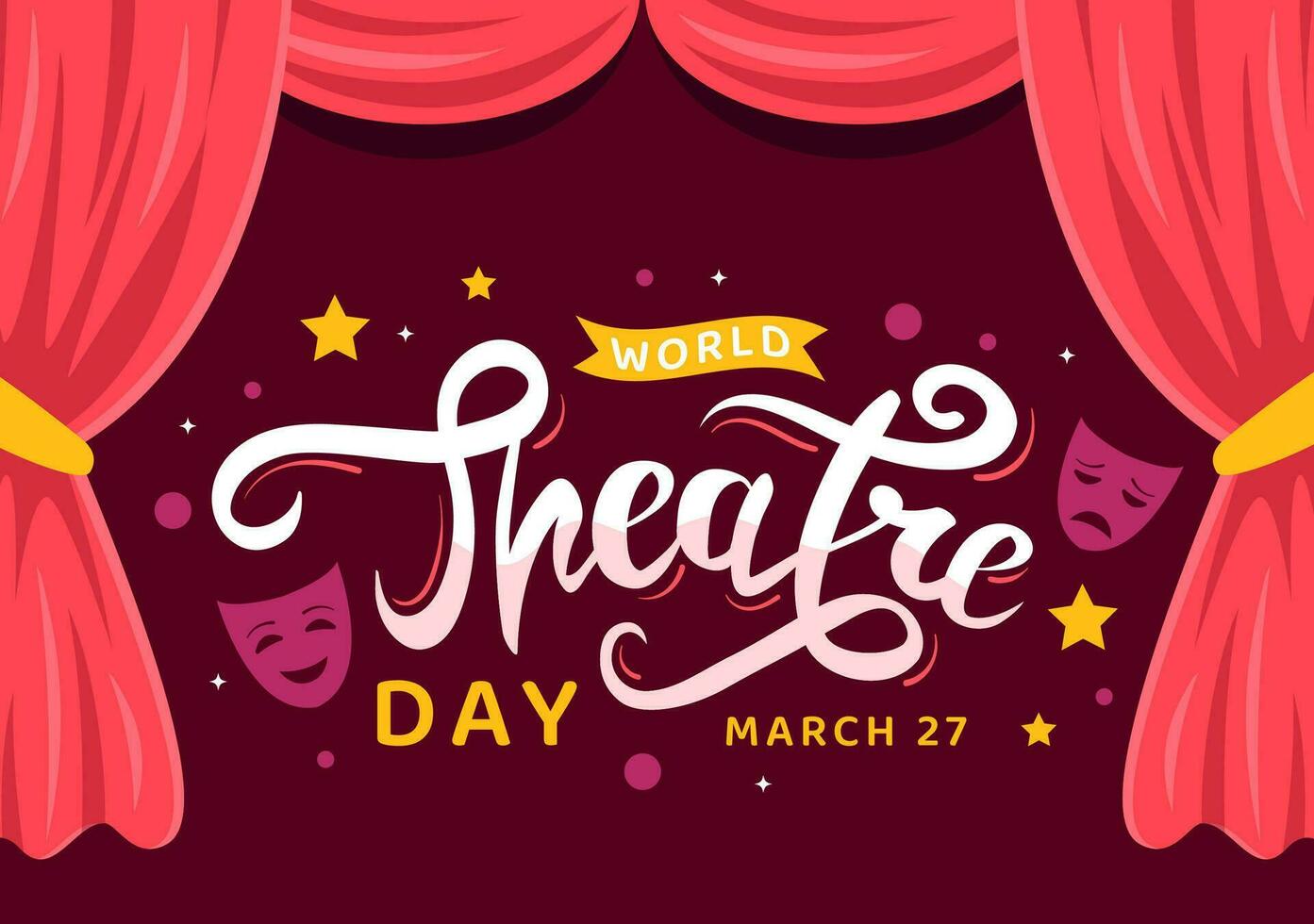 World Theatre Day Vector Illustration on March 27 with Mask and Red Curtains to Preserve Performing Arts and Entertainment in Flat Cartoon Background