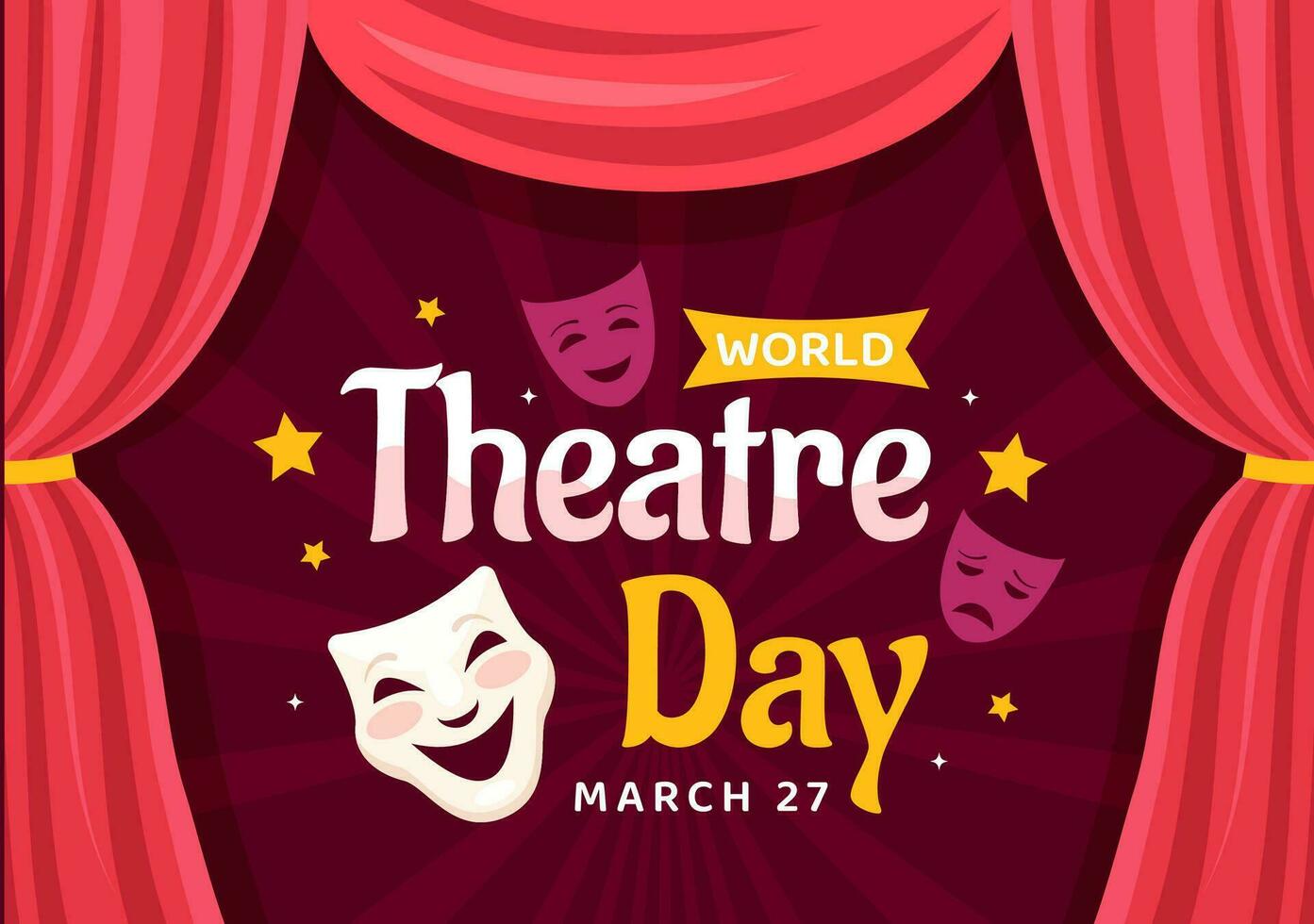 World Theatre Day Vector Illustration on March 27 with Mask and Red Curtains to Preserve Performing Arts and Entertainment in Flat Cartoon Background