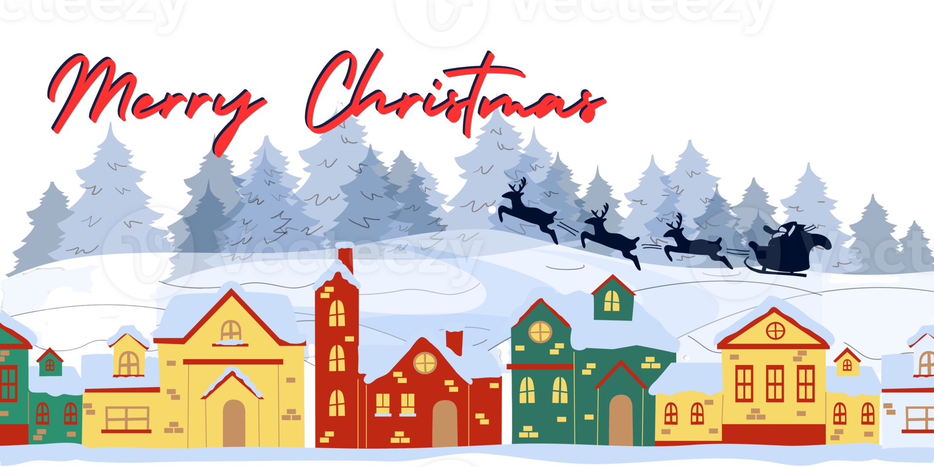 christmas village with houses and trees on a transparent background png