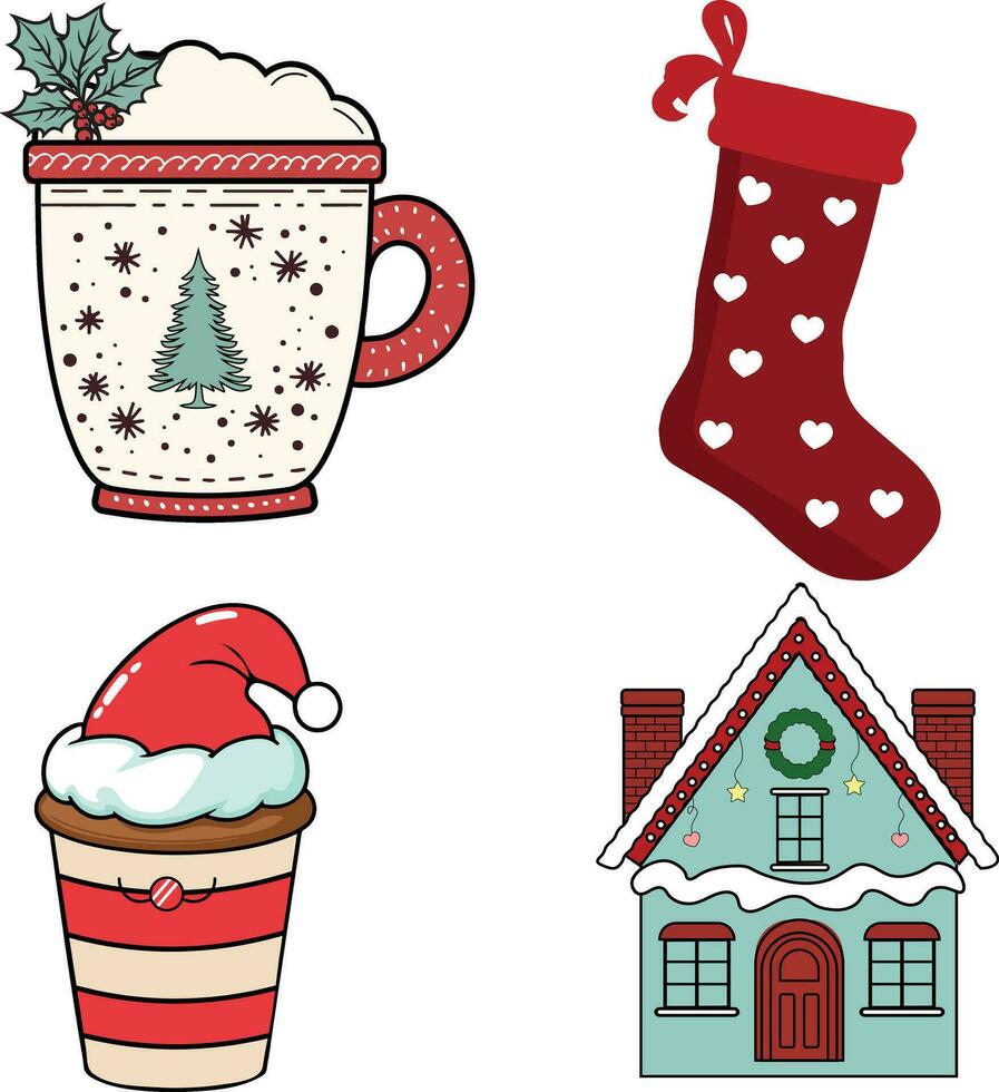 set of Christmas elements, charismas collection, charismas stocking, charismas cup, charismas coffee, charismas house vector