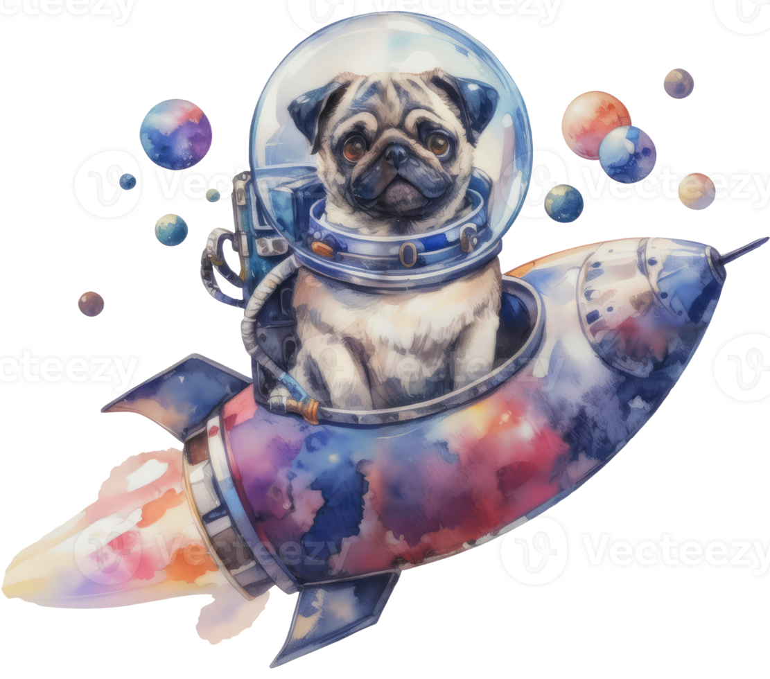 AI generated A pug astronaut confidently steering a colorful spaceship. png