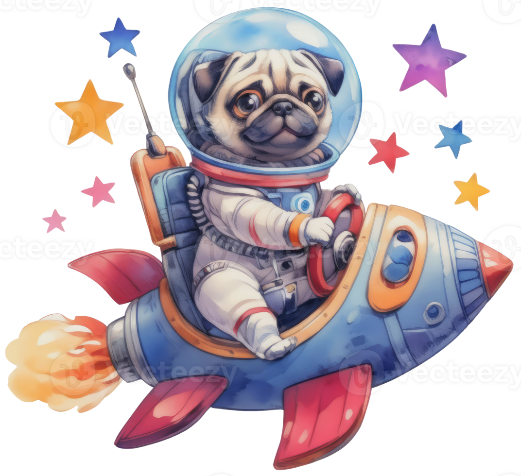 AI generated A pug astronaut confidently steering a colorful spaceship. png