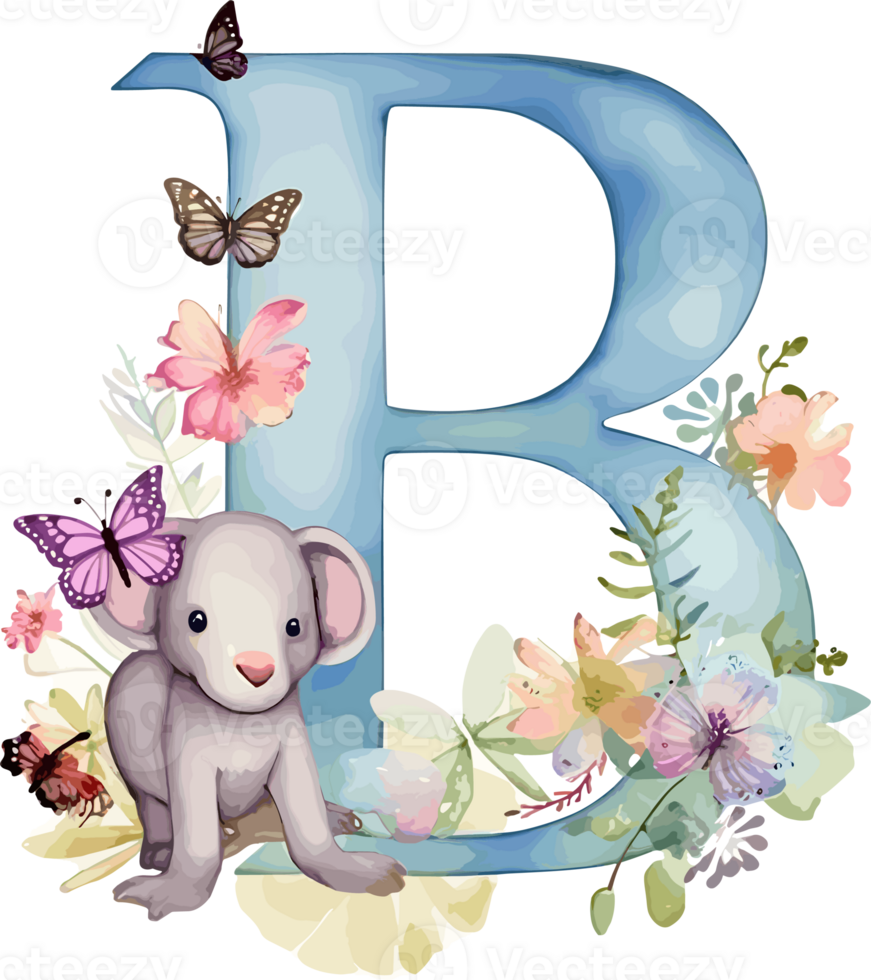 ai généré floral alphabet, lettre b avec aquarelle fleurs et mignonne animal. monogramme initiales à la perfection pour mariage faire-part, salutation carte, logo, affiche et autre conception png