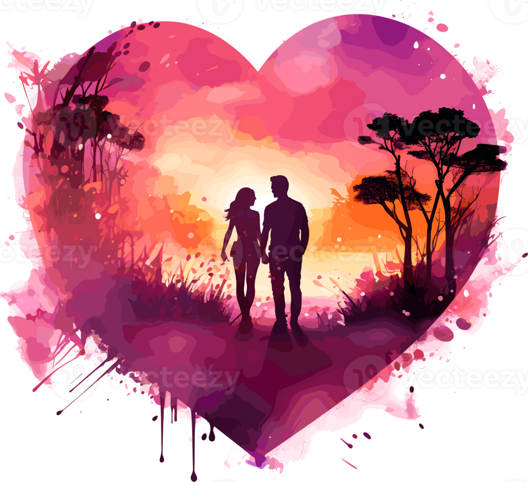 AI generated The couple holding hands in front of cinematic sunset with Heart Shape Couple Sublimation Design,  perfect on t shirts, mugs, signs, cards and much more png