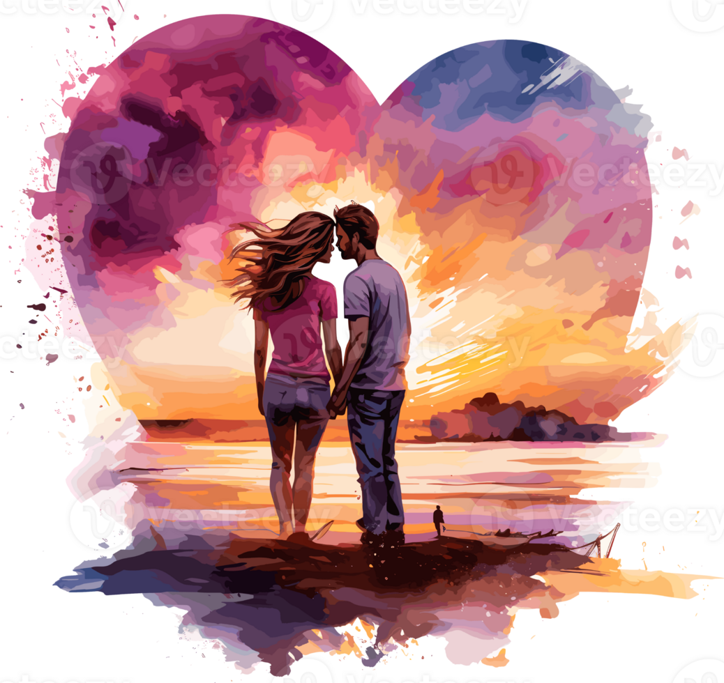 AI generated The couple holding hands in front of cinematic sunset with Heart Shape Couple Sublimation Design,  perfect on t shirts, mugs, signs, cards and much more png