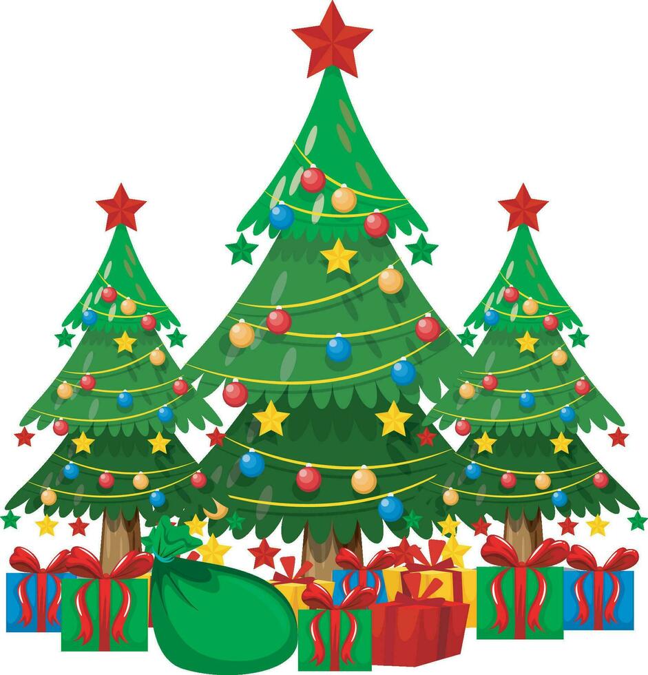 Vector christmas tree isolated on transparent background. Beautiful shining christmas tree with decorations - balls, garlands, bulbs, tinsel and a golden star at the top. Realistic style.
