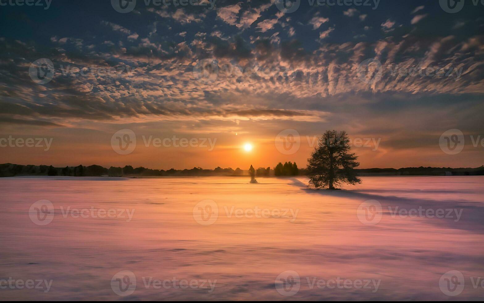 AI generated Enchanting Winter Sunrise, Embracing the Serenity of a Snowy Wonderland photo