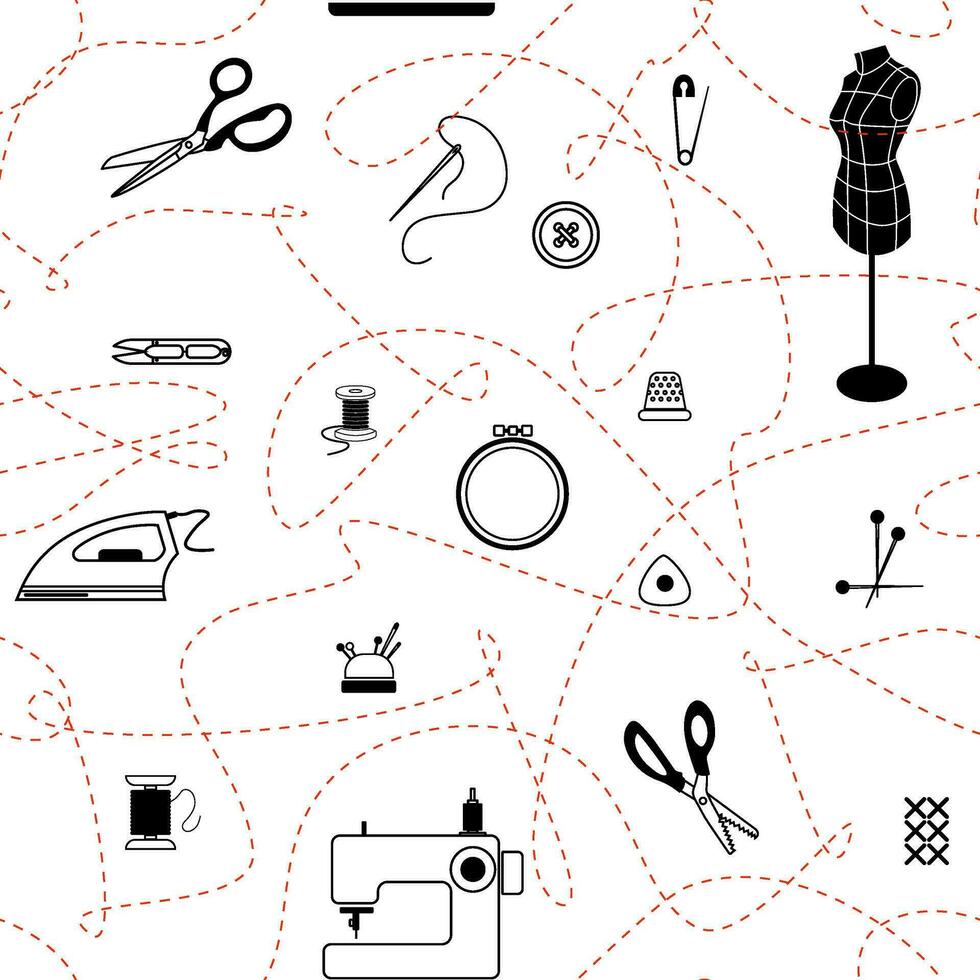 Seamless vector pattern with outline doodle sewing elements.