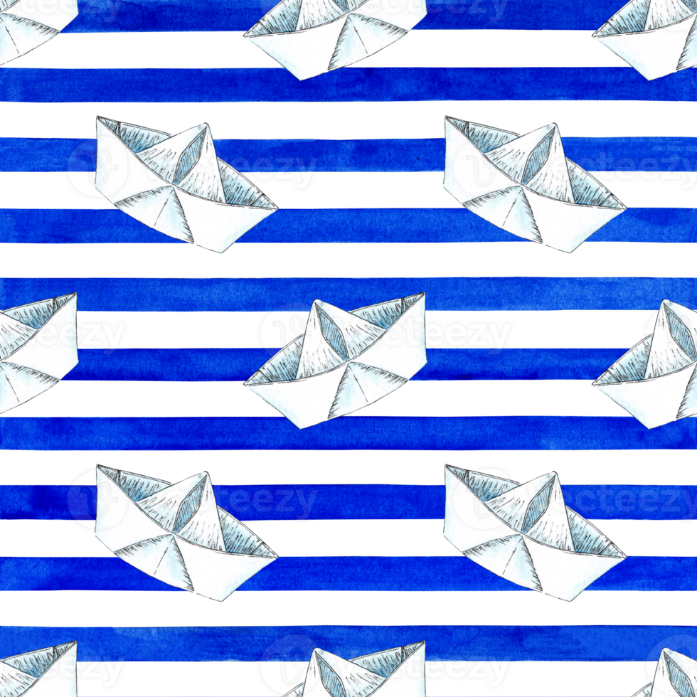 Watercolor illustration of origami paper boat pattern on blue striped background. png