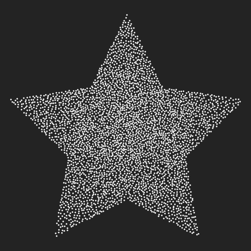 Vintage star with five rays of white dots on a dark background. Vector noisy halftone element, texture geometric figure in stippleism style