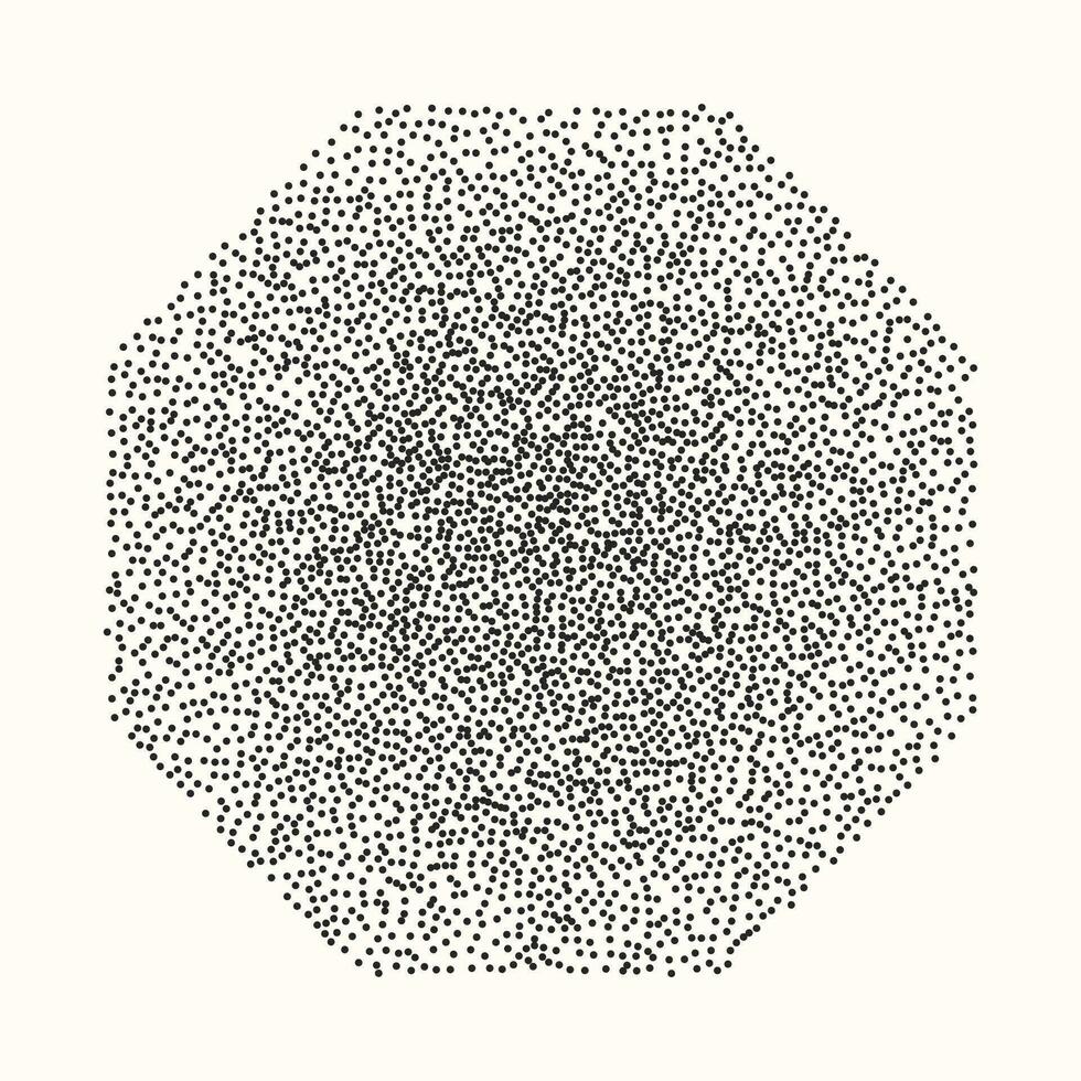 Vector element in retro style, black octagon on a light background with noisy sand texture. Halftone, drawing using the stipplism technique.
