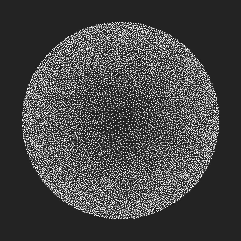 Gradient figure in the shape of a circle of white dots isolated on a dark background. Minimalistic retro pattern in a fashionable halftone style, stiplism. vector