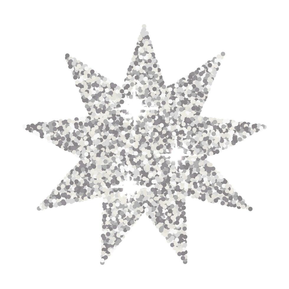 Silver glitter star with nine rays isolated on a white background. Vector metallic decorative element, holiday.