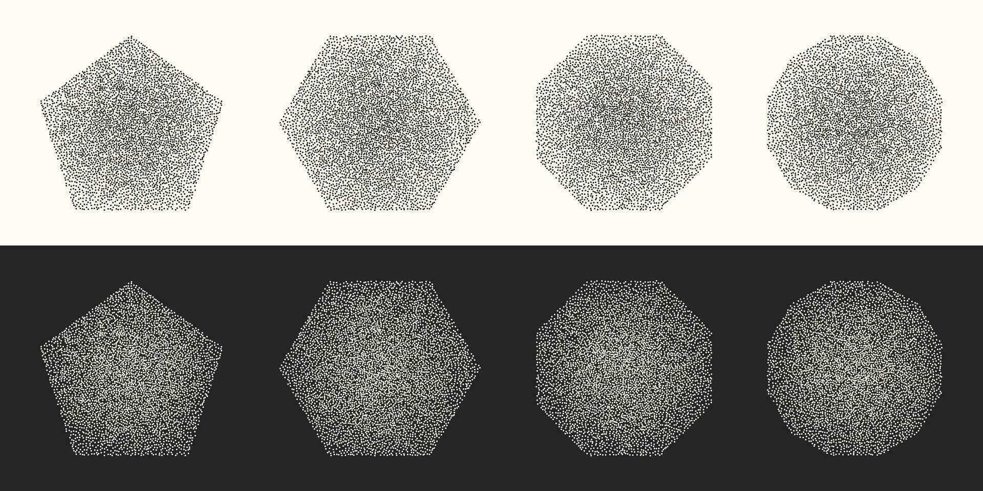 clipart conjunto de ocho vector polígonos en trama de semitonos estilo. retro ruidoso elementos, estiplismo, en ligero y oscuro versiones.
