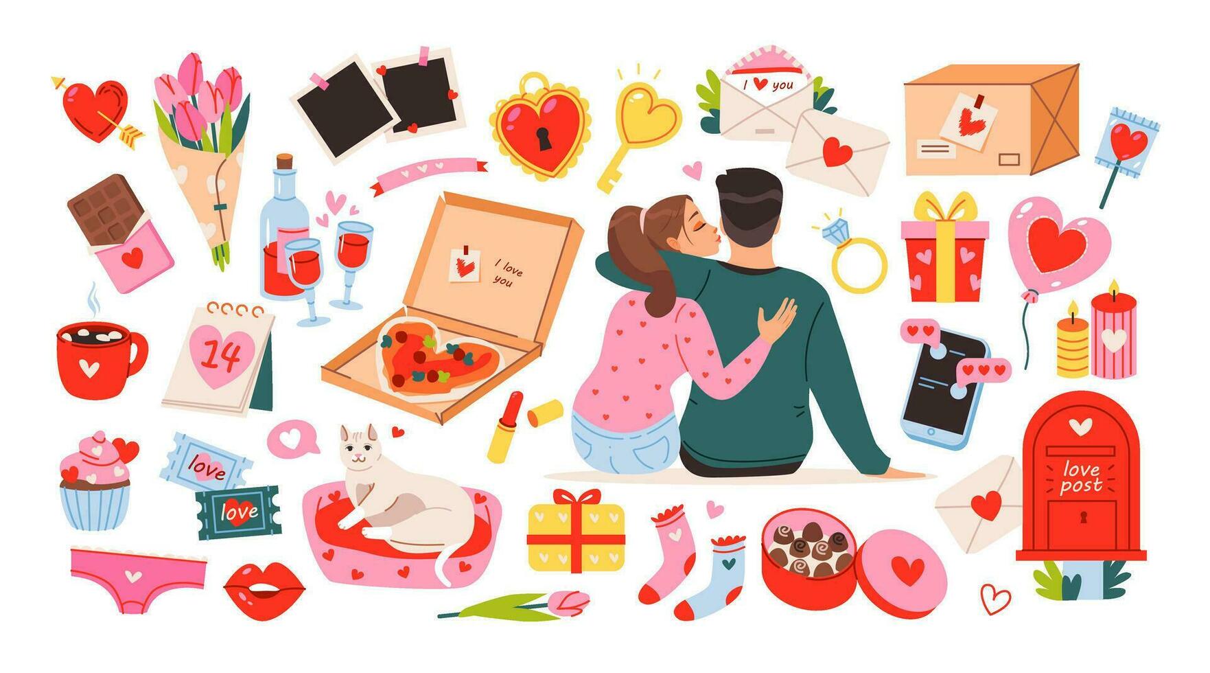 Valentine's day set of cute elements. Couple in love, romantic items. February 14, wedding and love concept. Vector illustrations
