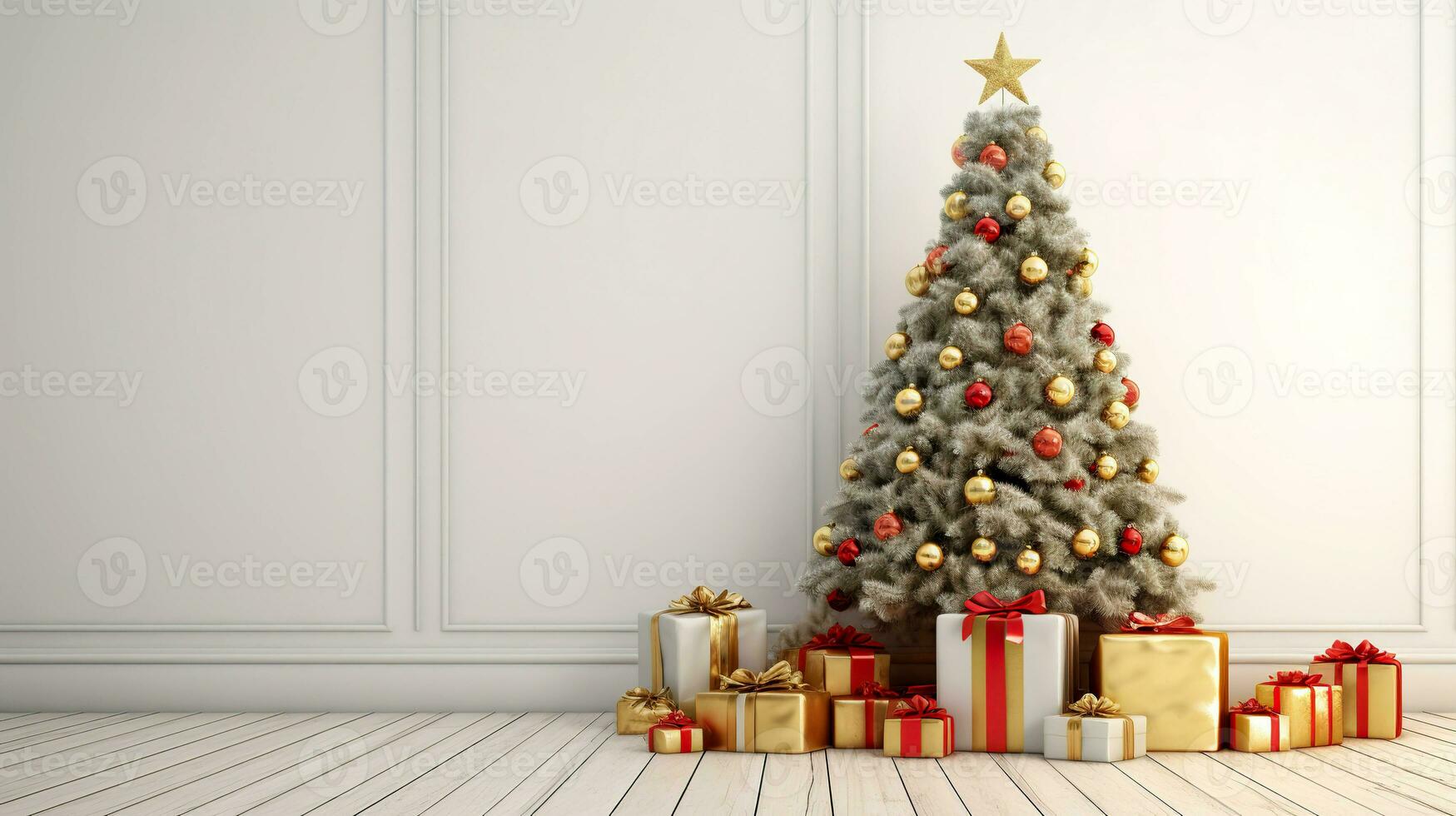 AI generated Big beautiful Christmas tree decorated with beautiful balls and gifts. Christmas tree with gift boxes in classic interior. Christmas tree with gifts in a white room. photo