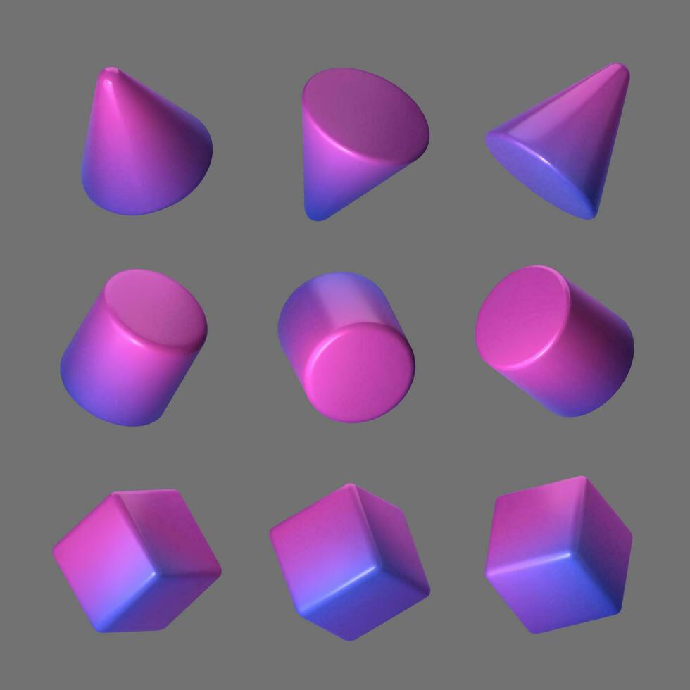 3d de violeta-azul geométrico forma colocar. realista lustroso holográfico geométrico formas aislado en gris antecedentes. vector ilustración.