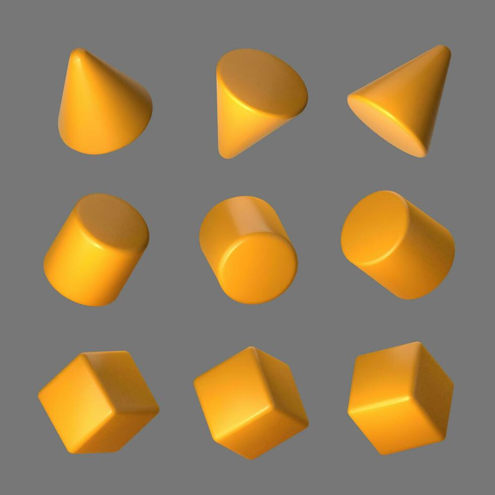 3d of yellow geometric shape set. Realistic orange geometric cube, cone and cylinder in perspective isolated on grey background. Vector illustration.