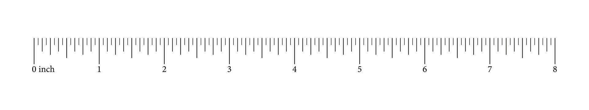Ruler 8 inch scale. Horizontal measuring chart with markup und numbers. Length measurement math. Distance, height, sewing, work tool. Vector graphic template.