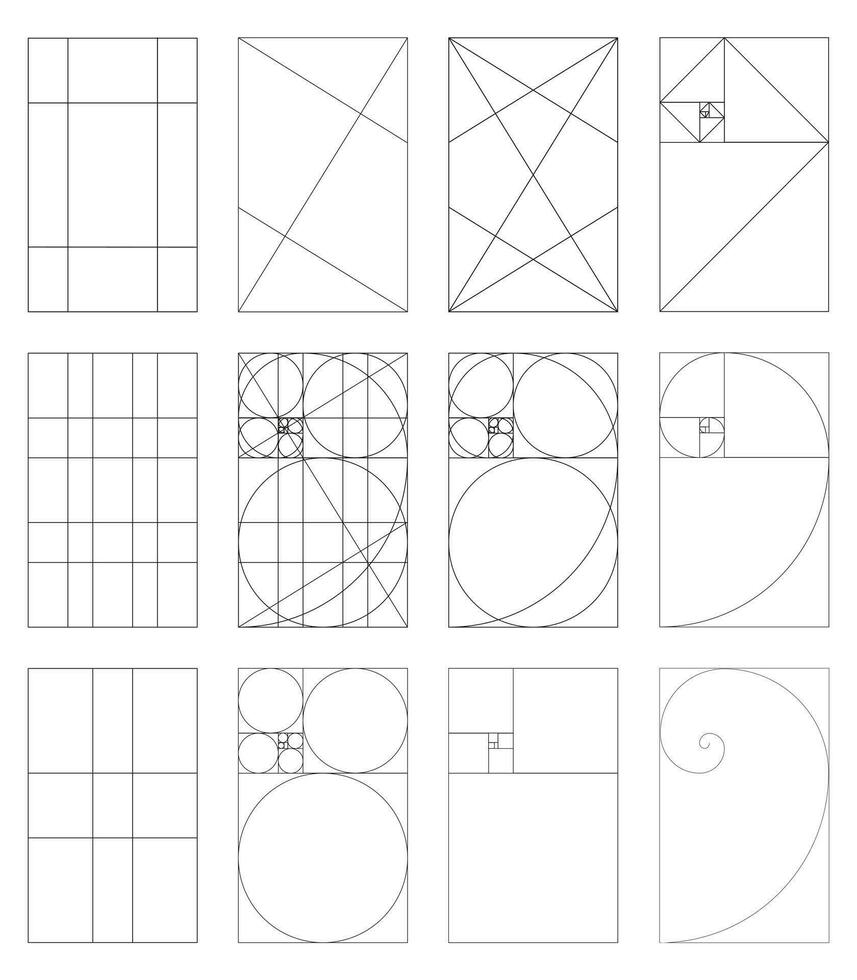 Golden ratio icon set. Method golden section. Fibonacci array, numbers. Harmony proportions. Vector template. Eps.
