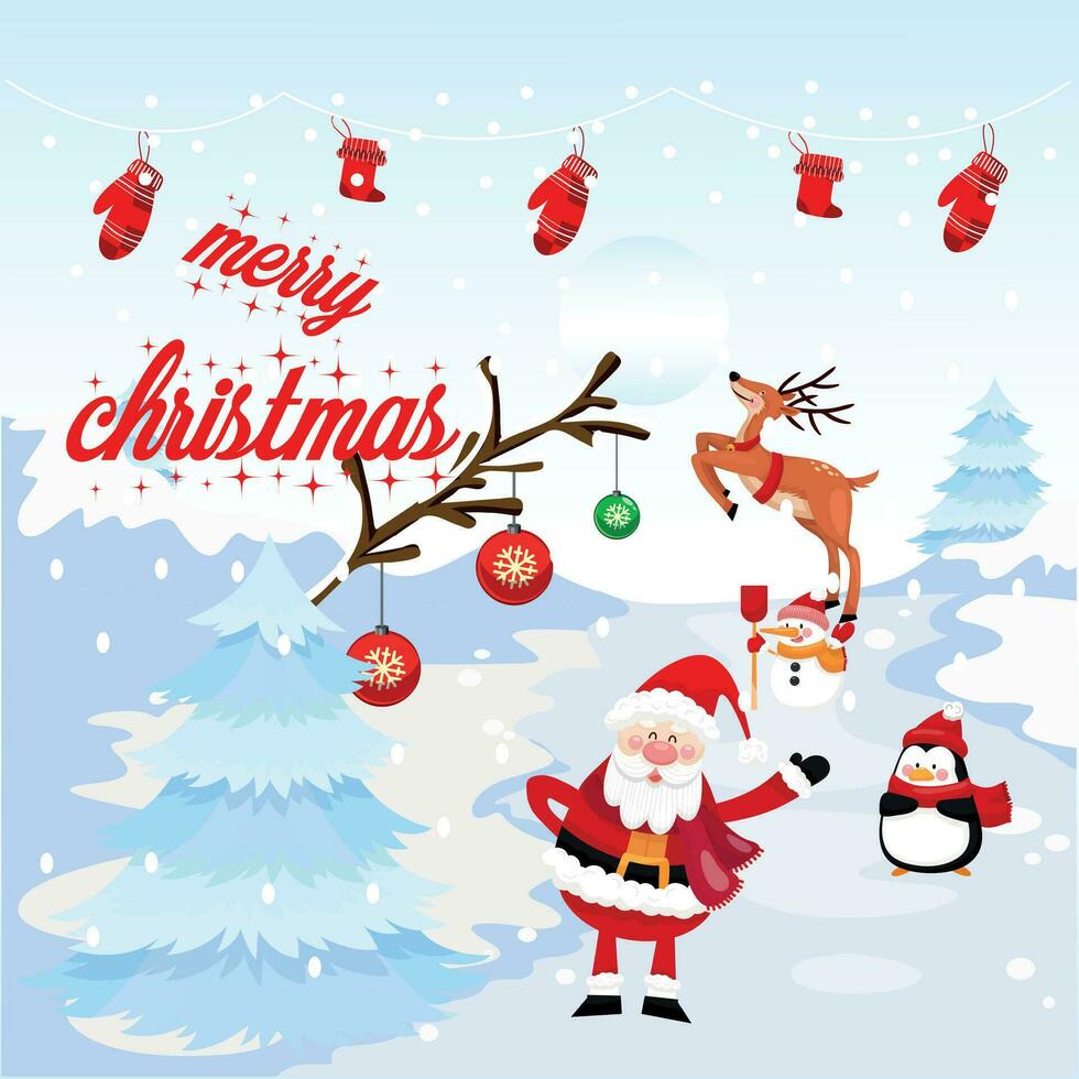 Christmas Greeting card with Santa Claus and reindeer vector