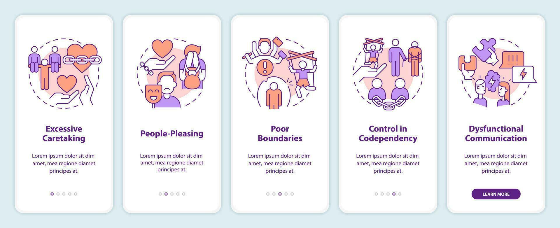 2D icons representing codependent relationship mobile app screen set. Walkthrough 5 steps multicolor graphic instructions with thin line icons concept, UI, UX, GUI template. vector