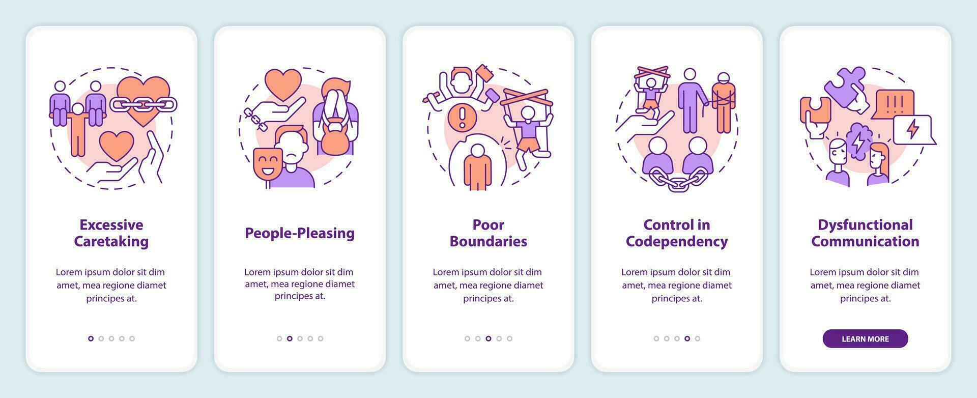 2d íconos representando codependiente relación móvil aplicación pantalla colocar. recorrido 5 5 pasos multicolor gráfico instrucciones con Delgado línea íconos concepto, ui, ux, gui modelo. vector