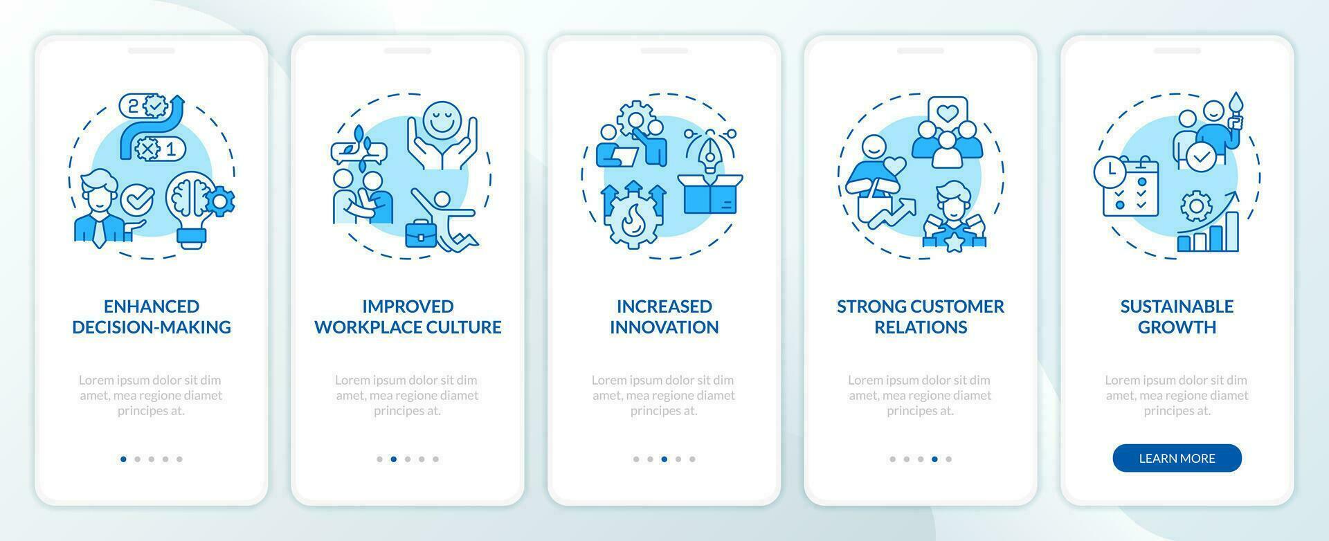 2D icons representing mindful entrepreneurship mobile app screen set. Walkthrough 5 steps blue graphic instructions with line icons concept, UI, UX, GUI template. vector