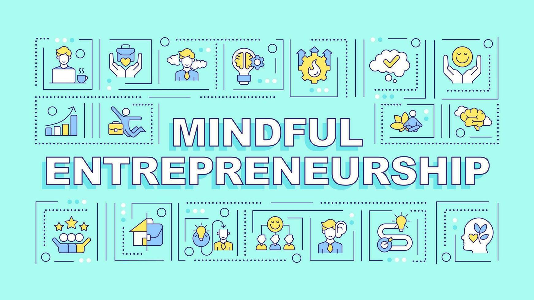 Mindful entrepreneurship text with various thin line icons concept on blue monochromatic background, editable 2D vector illustration.