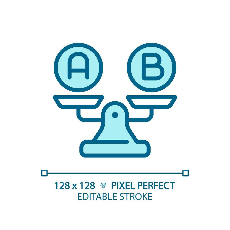 2D pixel perfect editable blue A and B on weight scale icon, isolated vector, thin line illustration representing comparisons. vector