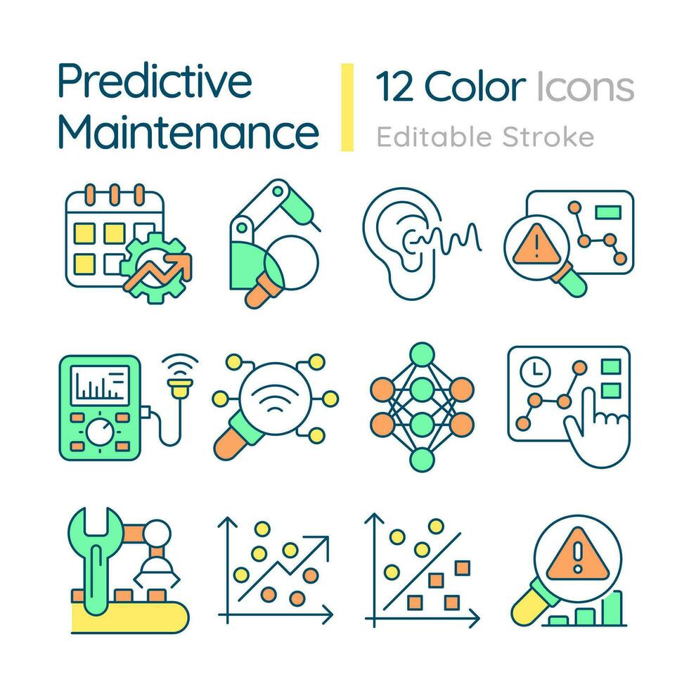 2D editable multicolor thin line icons set representing predictive maintenance, isolated vector, linear illustration. vector