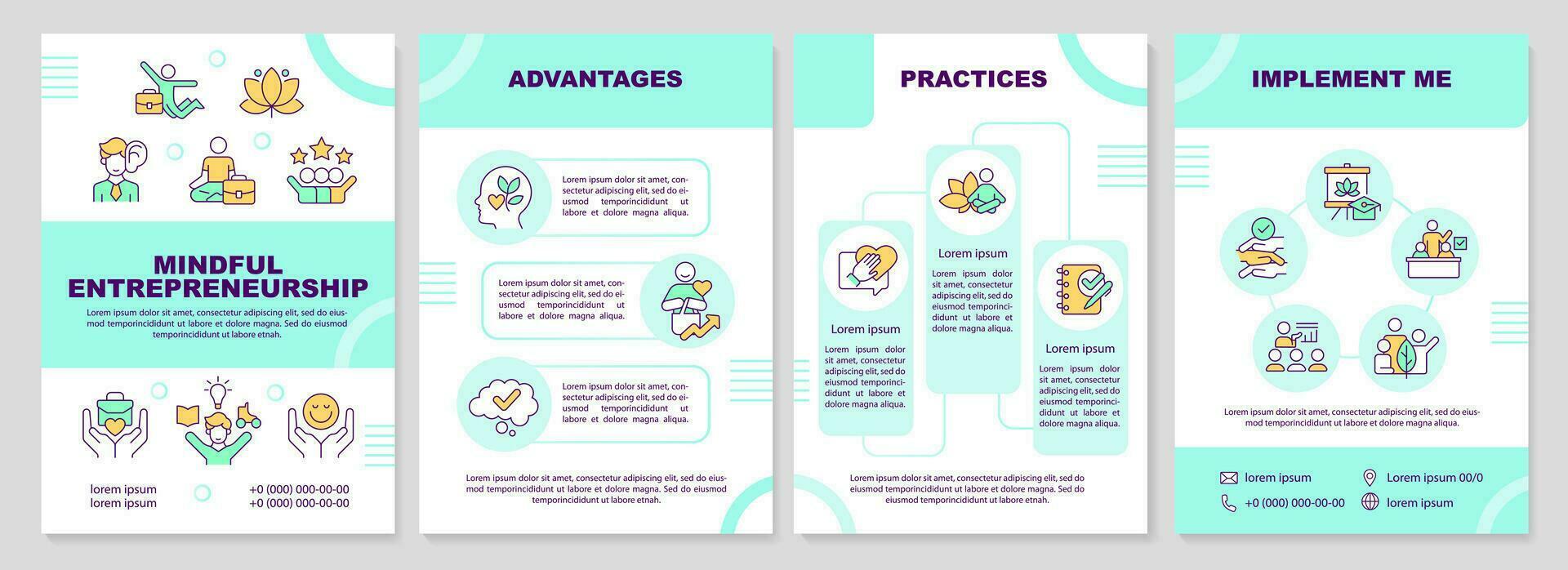 2D mindful entrepreneurship multicolor brochure template, leaflet design with thin line icons, 4 vector layouts.