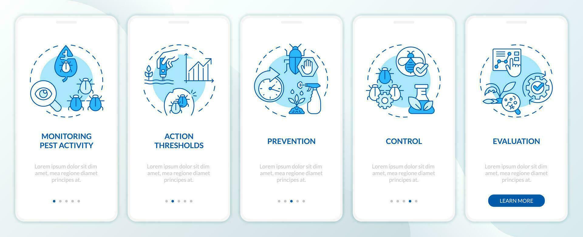 2D icons representing integrated pest management mobile app screen set. Walkthrough 5 steps blue graphic instructions with thin line icons concept, UI, UX, GUI template. vector