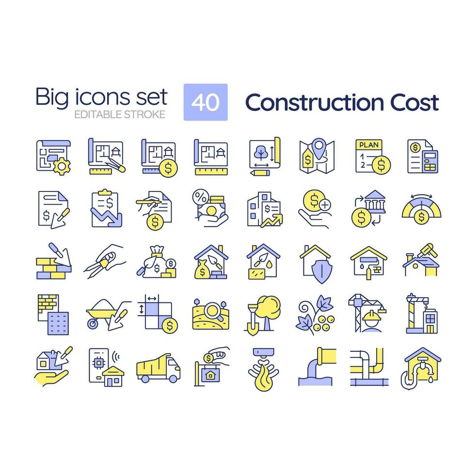 2D editable multicolor big line icons set representing construction cost, isolated vector, linear illustration. vector