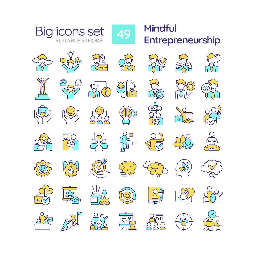 2D editable multicolor big line icons set representing mindful entrepreneurship, isolated vector, linear illustration. vector