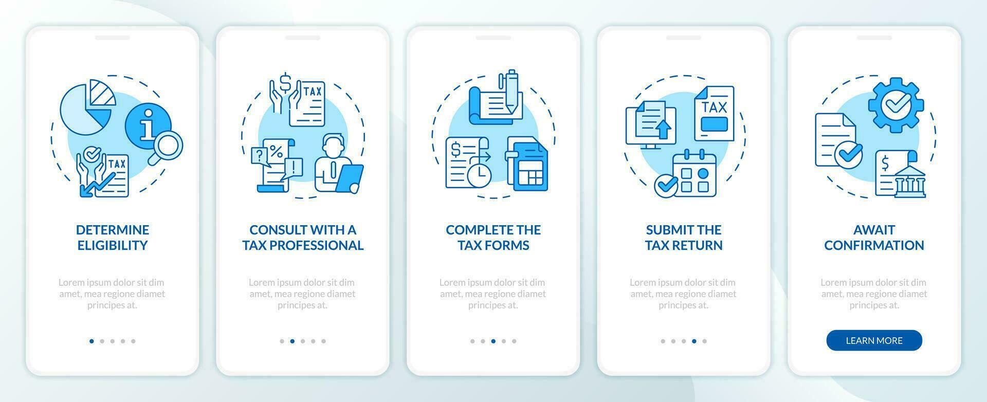 Apply for tax credits blue onboarding mobile app screen. Tax policy walkthrough 5 steps editable graphic instructions with linear concepts. UI, UX, GUI template vector