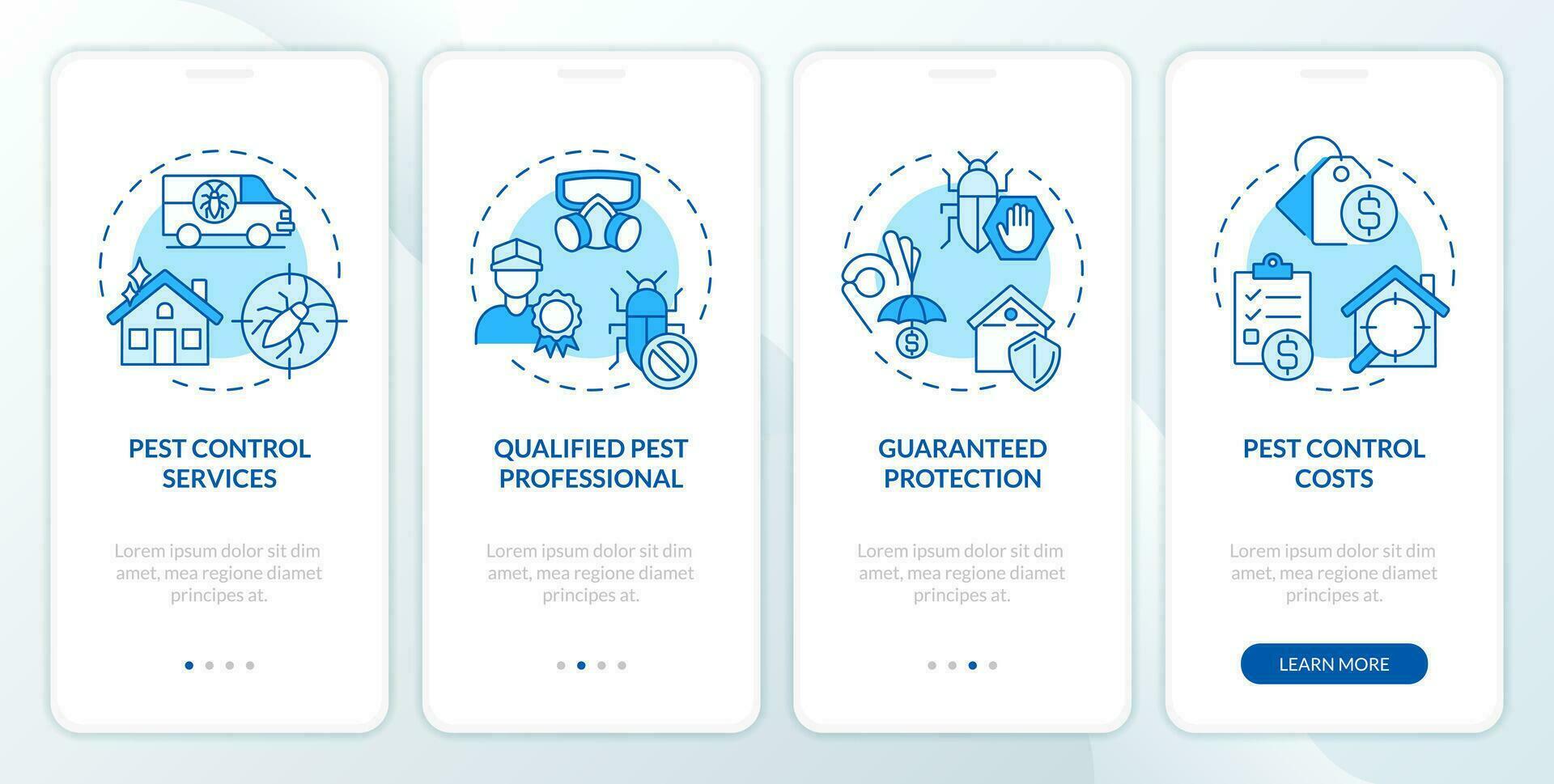 2D icons representing integrated pest management mobile app screen set. Walkthrough 4 steps blue graphic instructions with thin line icons concept, UI, UX, GUI template. vector