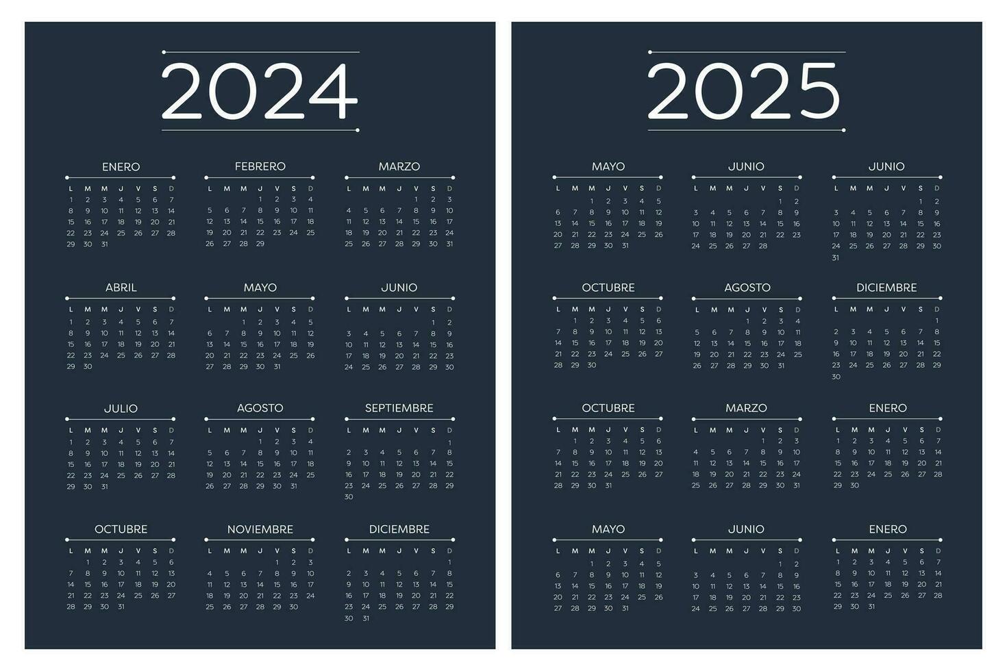 2024 2025 Español calendario. vertical calendario. el semana empieza en lunes. vector