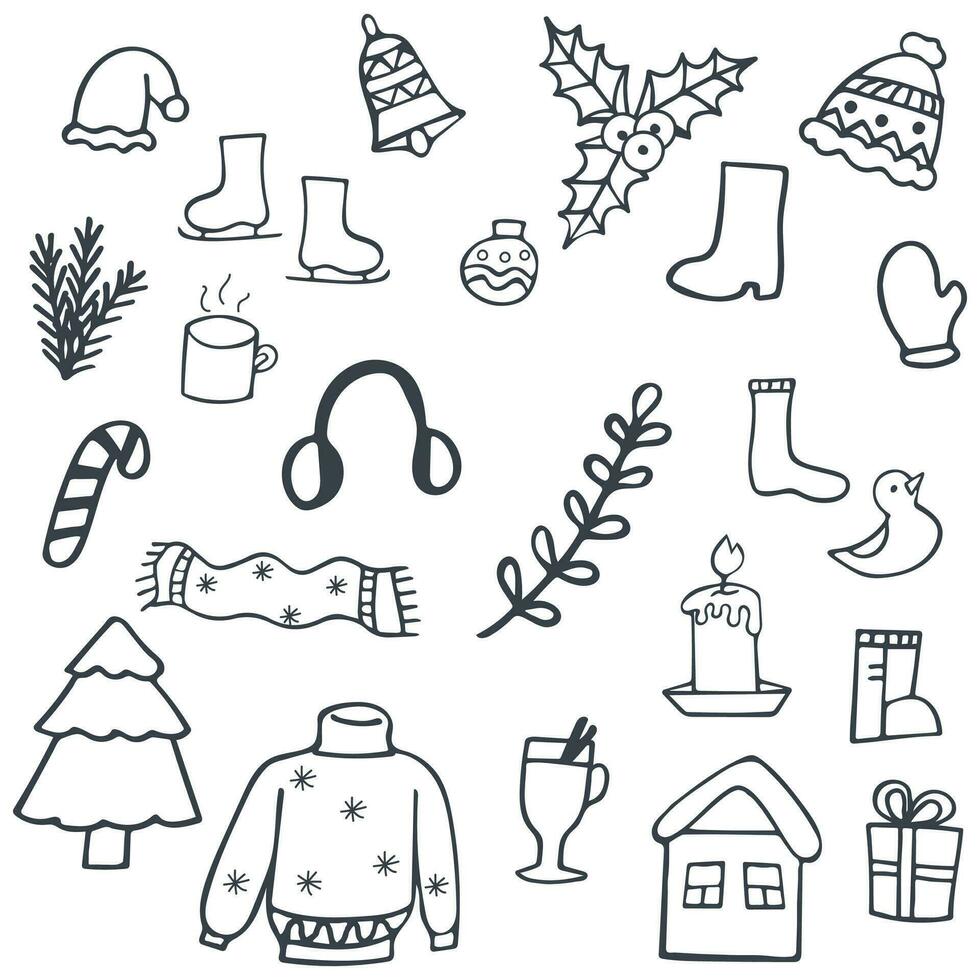 collection of winter doodle elements vector