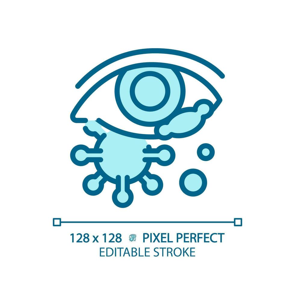 2D pixel perfect editable blue eye infection icon, isolated monochromatic vector, thin line illustration representing eye care. vector