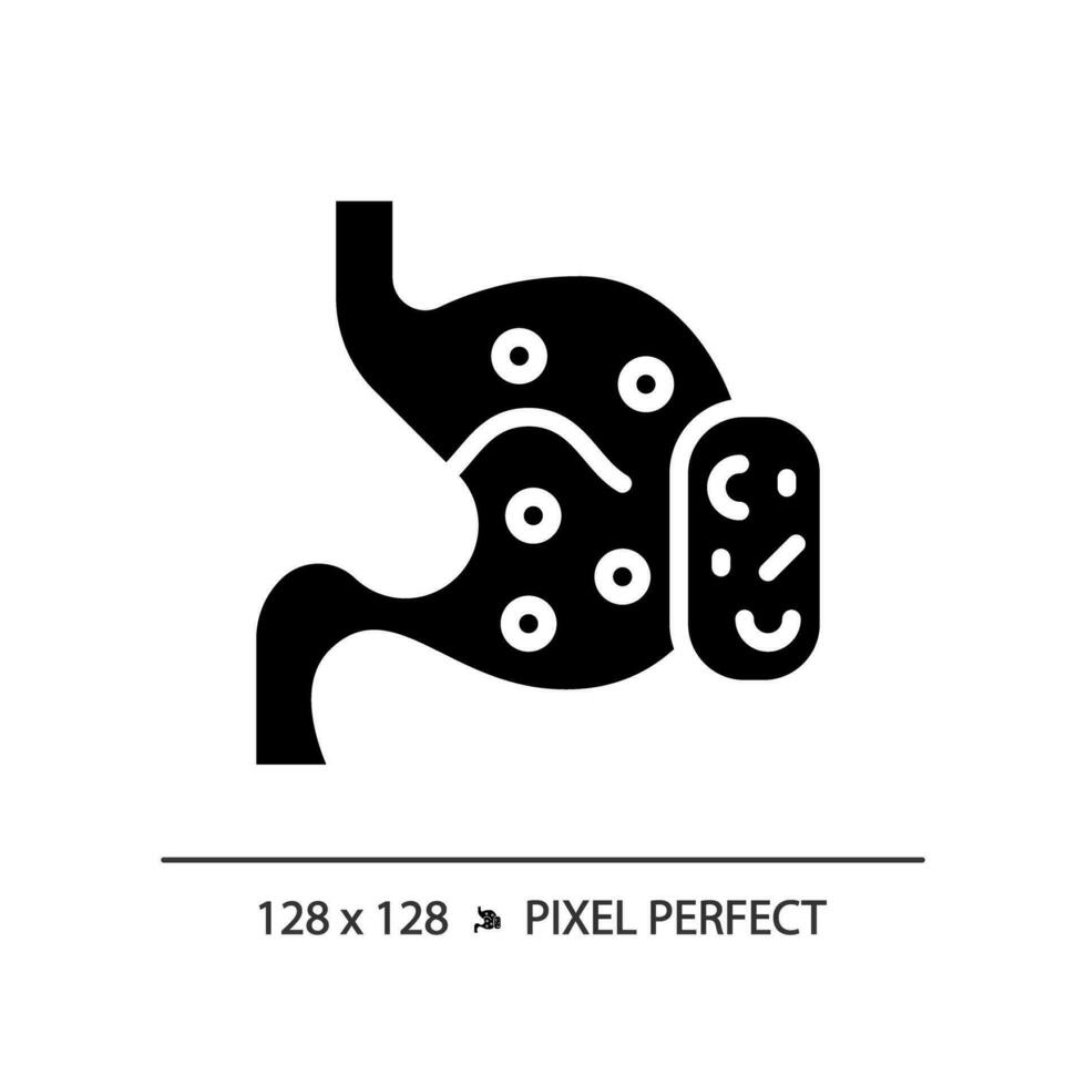 2d píxel Perfecto glifo estilo digestivo sistema con medicina icono, aislado silueta vector, sencillo ilustración representando metabólico salud. vector