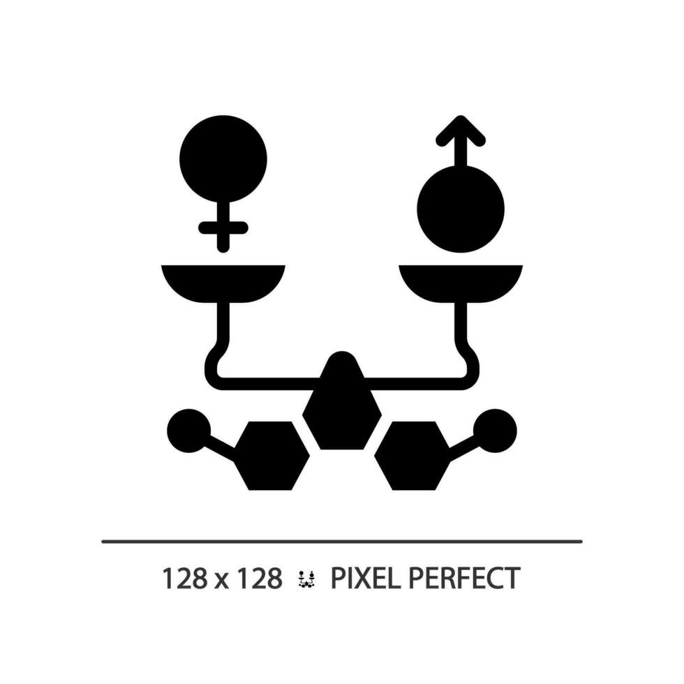 2D pixel perfect glyph style molecules with male and female balance icon, isolated silhouette vector, simple illustration representing metabolic health. vector