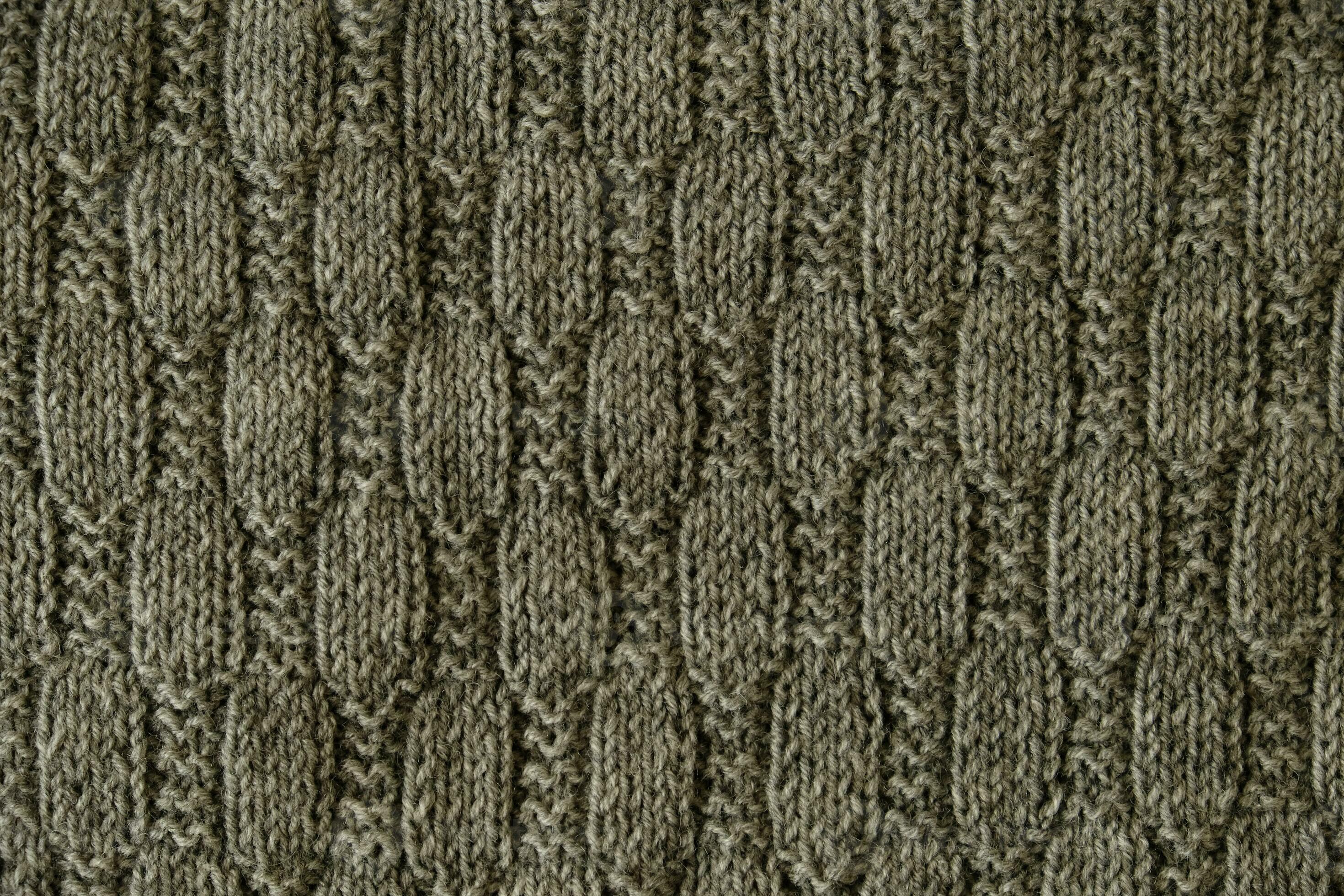 Texture of smooth knitted gray sweater with pattern. Top view close up. Handmade knitting wool or cotton fabric texture. Background with knitted leaf shape knitting pattern with cables. 35209867 Stock...