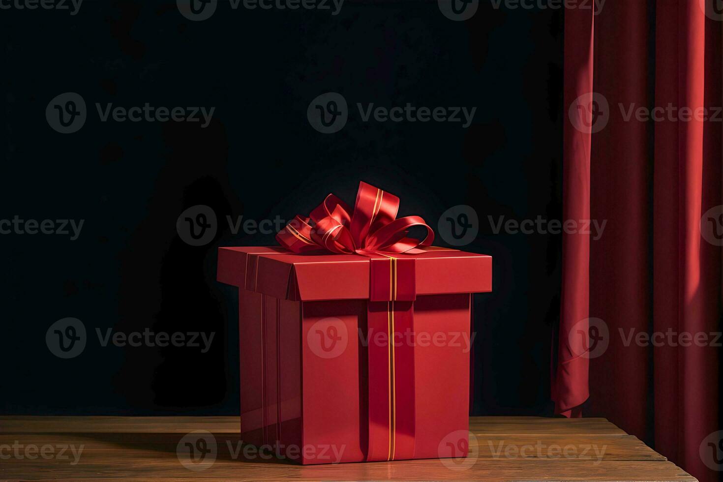 AI generated Red gift box with ribbon on wooden table and dark background photo